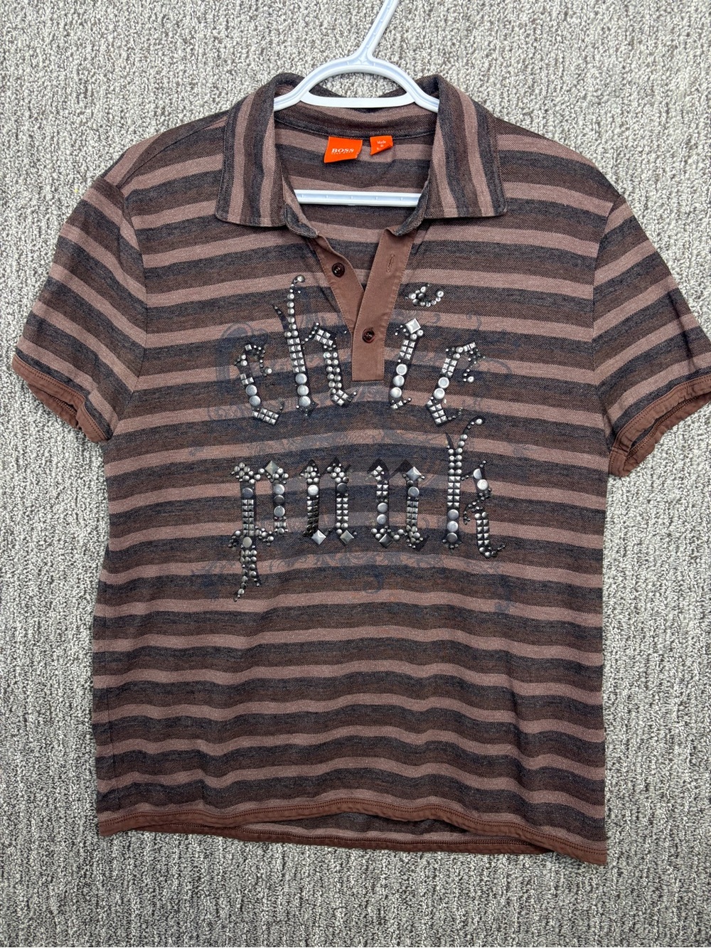 BOSS Hugo Boss Orange Men's Brown Striped Polo Shirt Y2K Chic Punk Metallic